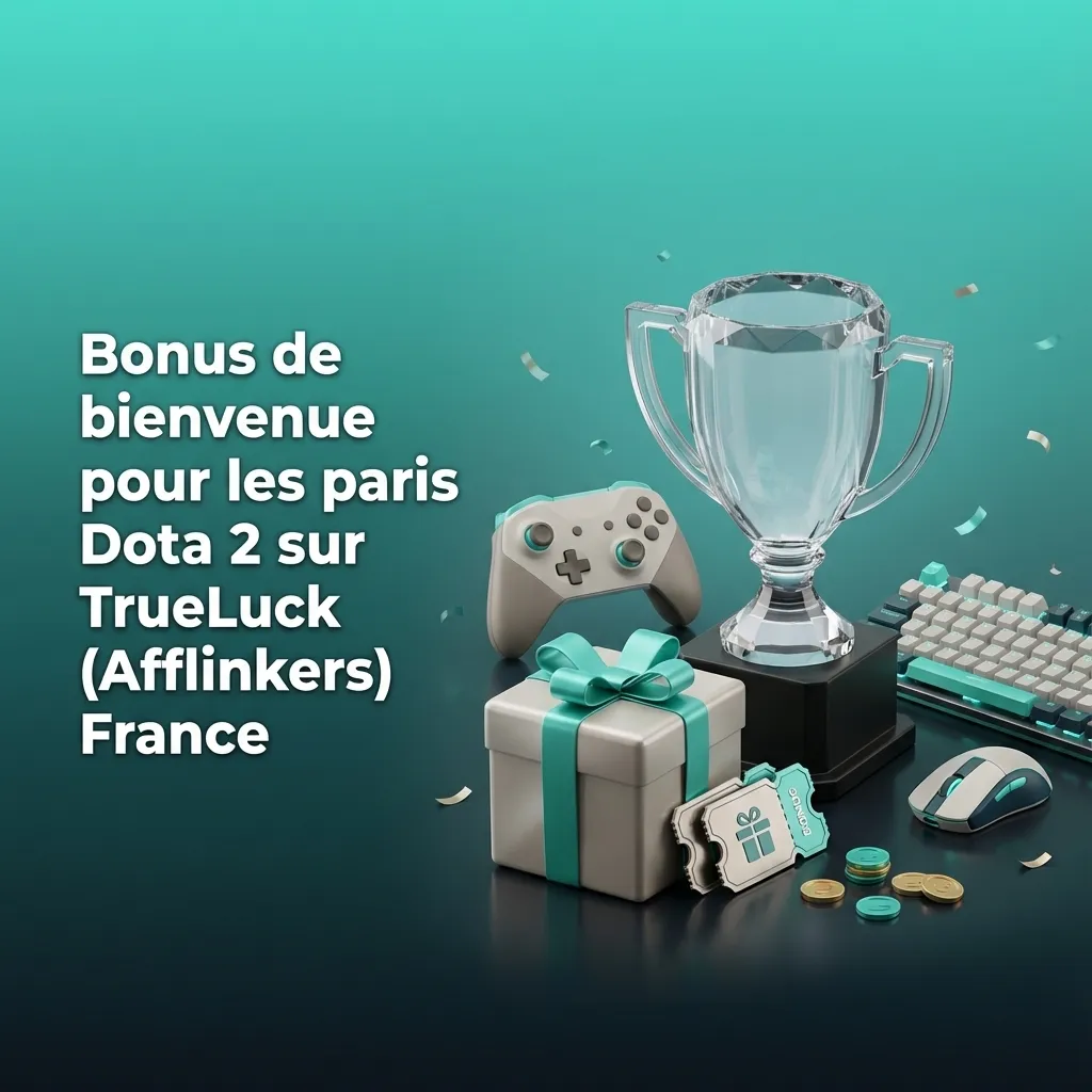 Bannière TrueLuck France pour paris Dota 2, montrant un bonus de bienvenue avec pourcentages, montants en euros et tours gratuits.