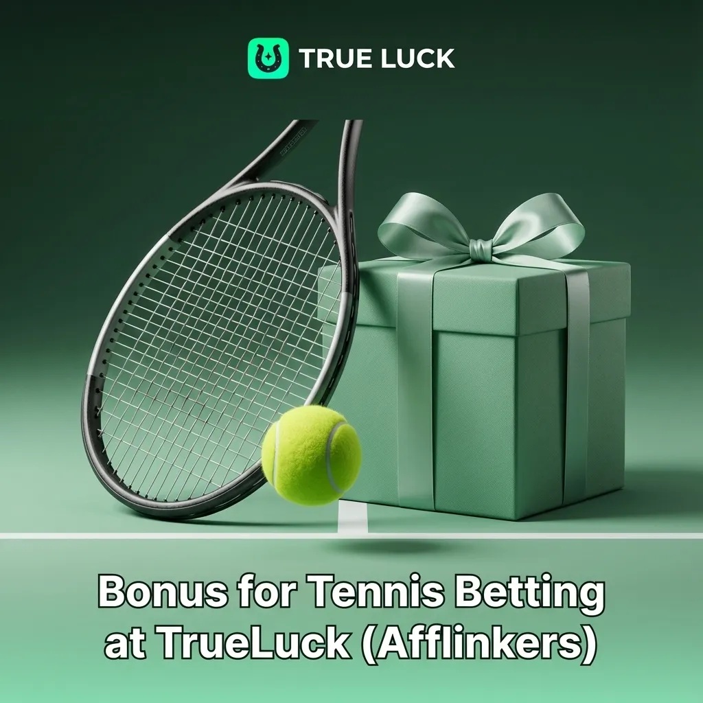 Banner promoting TrueLuck tennis betting welcome bonus with tennis ball, racquet, and “Bonus for Tennis Betting” headline