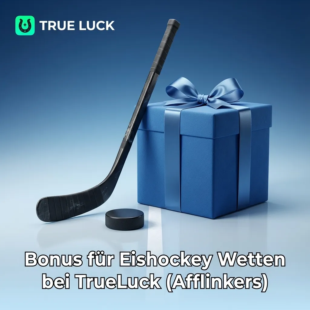 Werbebanner für TrueLuck Eishockey-Wettbonus mit Puck, Eisfläche und Hinweis auf Neukunden-Bonus für erste Einzahlung