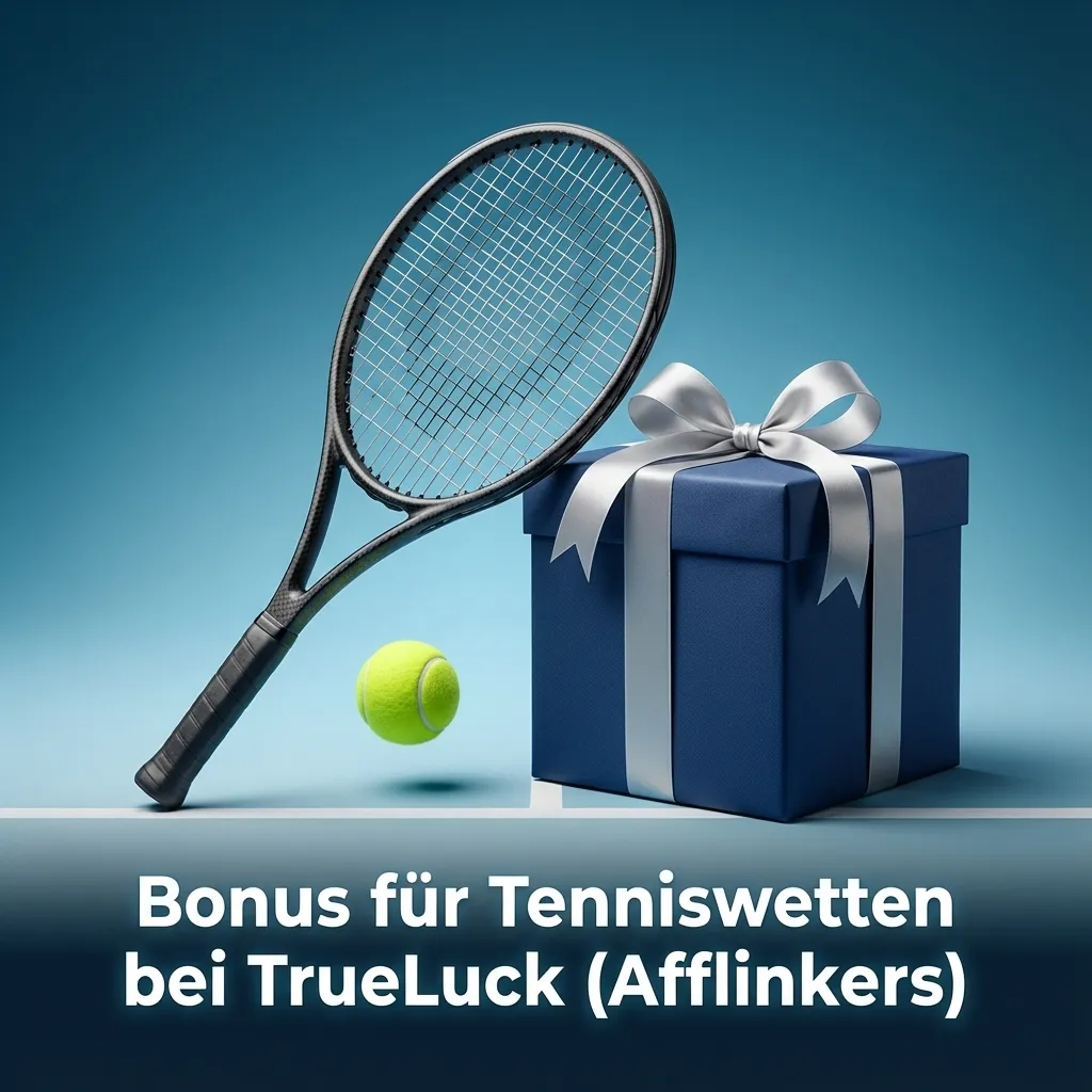 Banner „Bonus für Tenniswetten bei TrueLuck (Afflinkers)“ mit Tennisball, Court und Hinweis auf Sport-Willkommensbonus