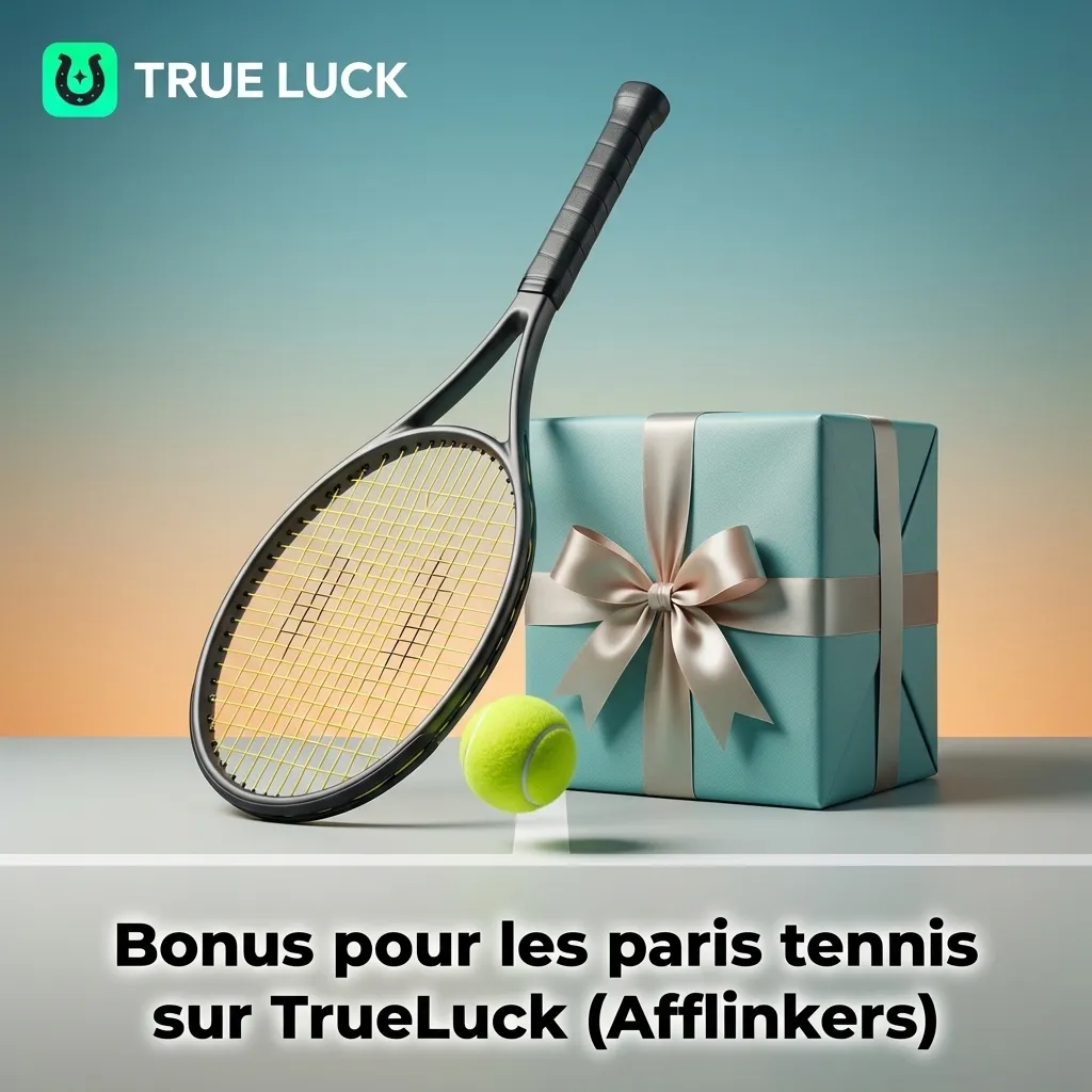 Bannière promo TrueLuck (Afflinkers) montrant un bonus de bienvenue pour paris tennis avec texte explicatif en français