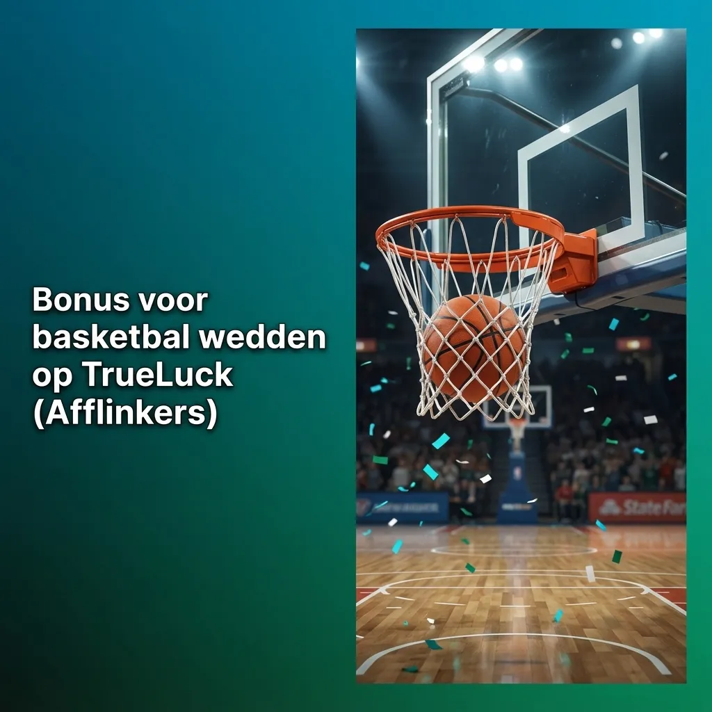 Promotiebanner van TrueLuck met basketbal, bonusbedrag en tekst over welkomstbonus voor basketbal weddenschappen