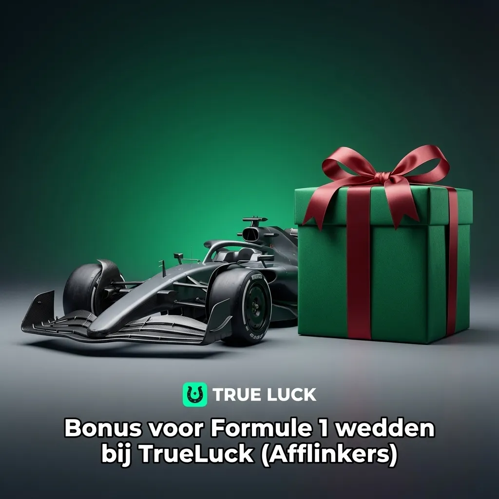 Banner met F1-wagen en TrueLuck-logo, tekst over welkomstbonus voor nieuwe Formule 1 sportwedders