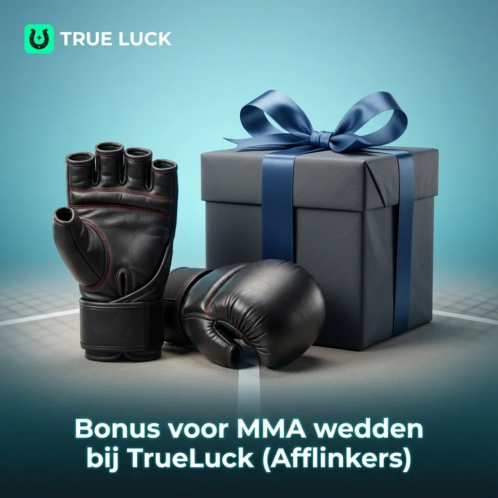 Banner “Bonus voor MMA wedden bij TrueLuck” met vechter in kooi en opvallende welkomstbonus voor nieuwe sportgebruikers