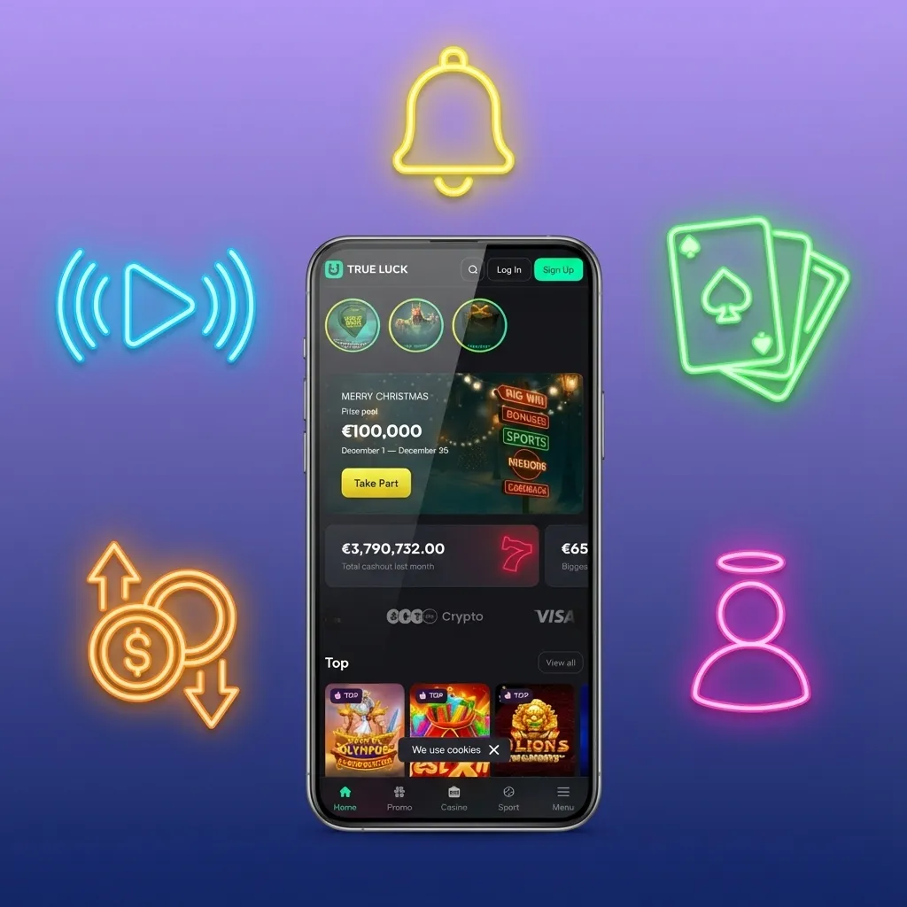 Móvil con app TrueLuck (Afflinkers) mostrando apuestas, casino, saldo en euros y opciones de control responsable para España