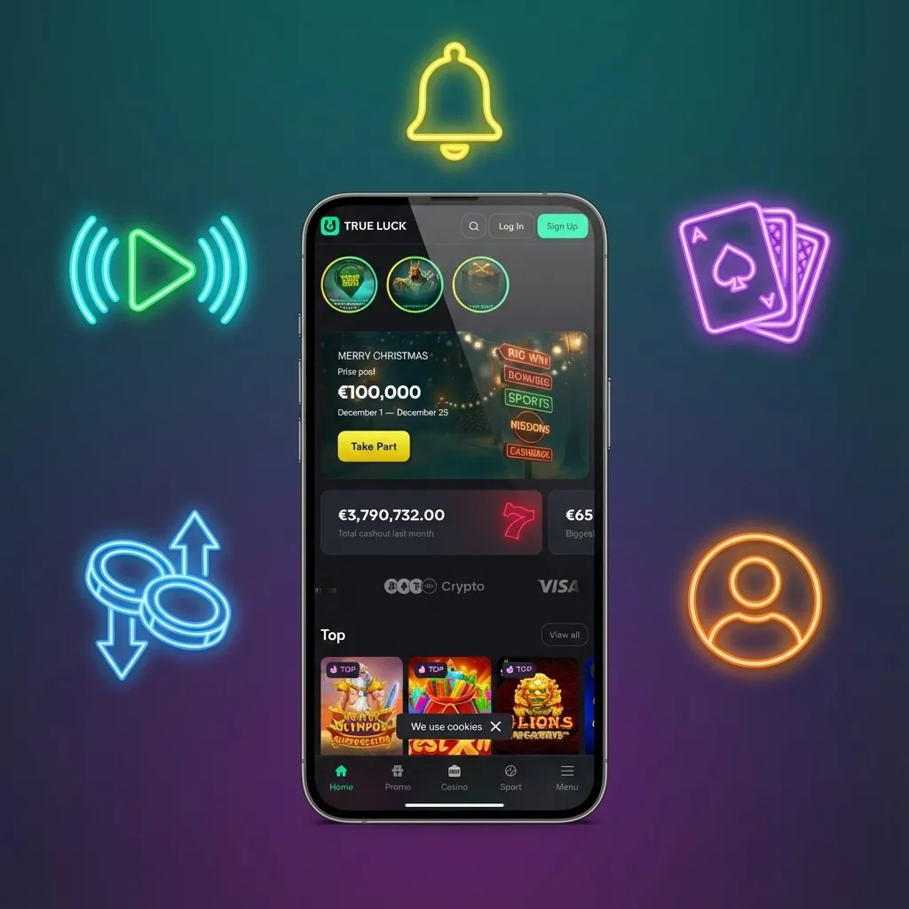 Mockup de la app web TrueLuck en un móvil mostrando opciones de casino, apuestas deportivas y bonos para usuarios en España