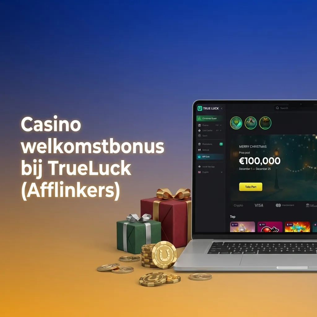 Promotionele banner voor TrueLuck casino welkomstbonus met bonuspercentages, geldbedragen en gratis spins voor nieuwe spelers