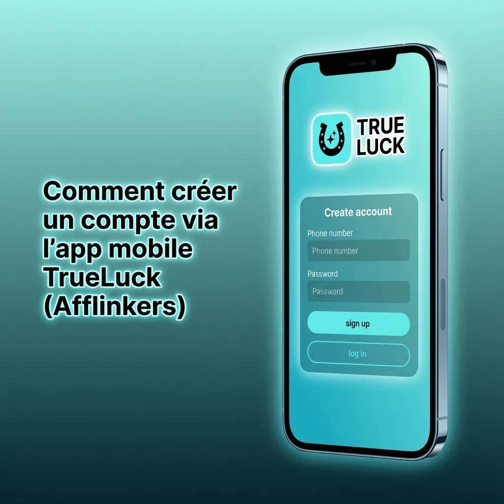 Écran d’inscription TrueLuck (Afflinkers) sur iPhone, formulaire email, mot de passe, pays France et devise EUR visible