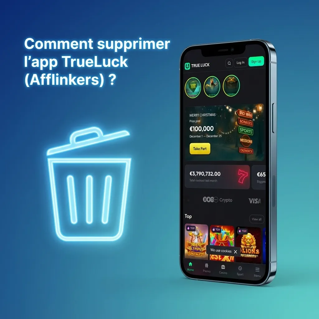 Illustration montrant la suppression de l’app TrueLuck sur Android et iOS et le retrait du solde restant avant désinstallation