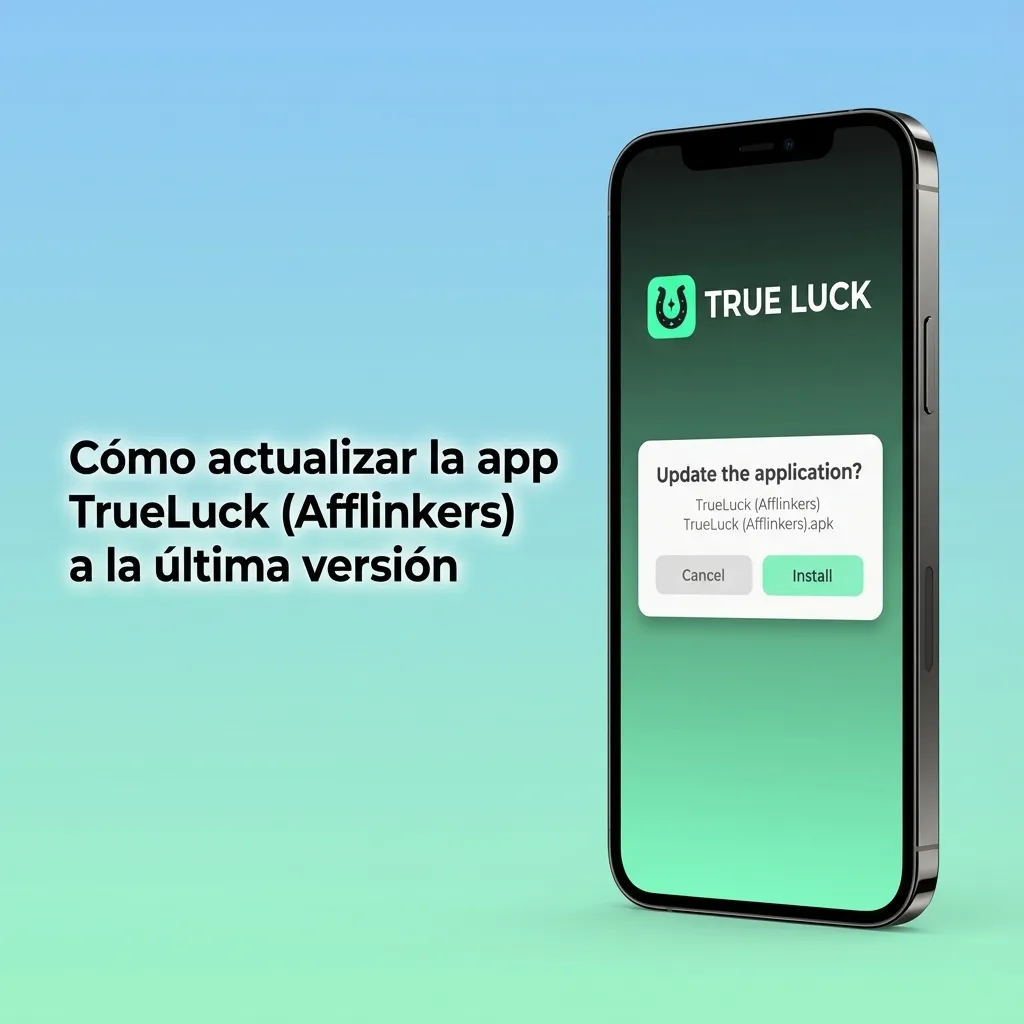 Ilustración de móvil con TrueLuck (Afflinkers) actualizándose automáticamente al entrar en la web, sin descargas adicionales