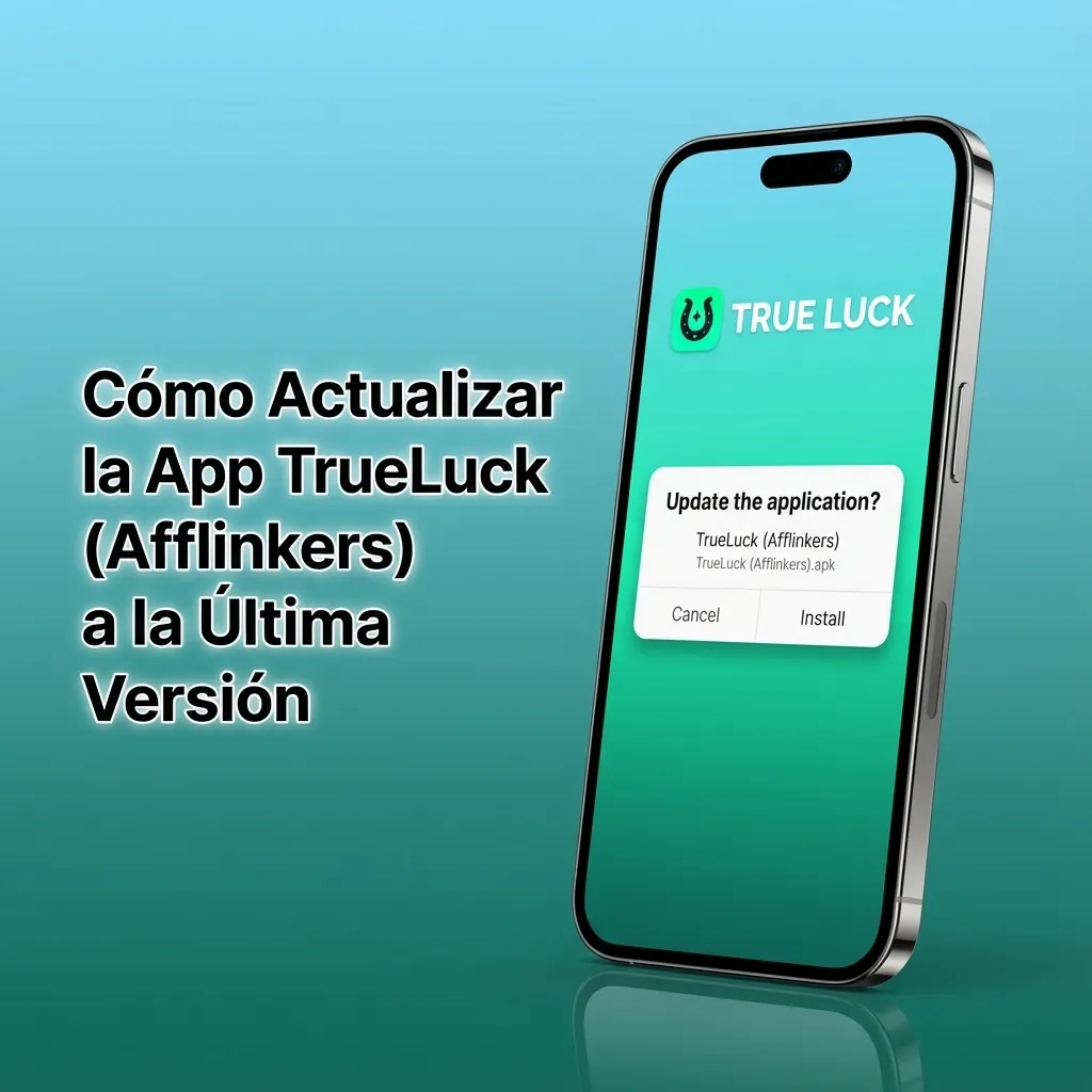 Pantalla de iPhone mostrando la app TrueLuck (Afflinkers) con mensaje de actualización automática desde el servidor