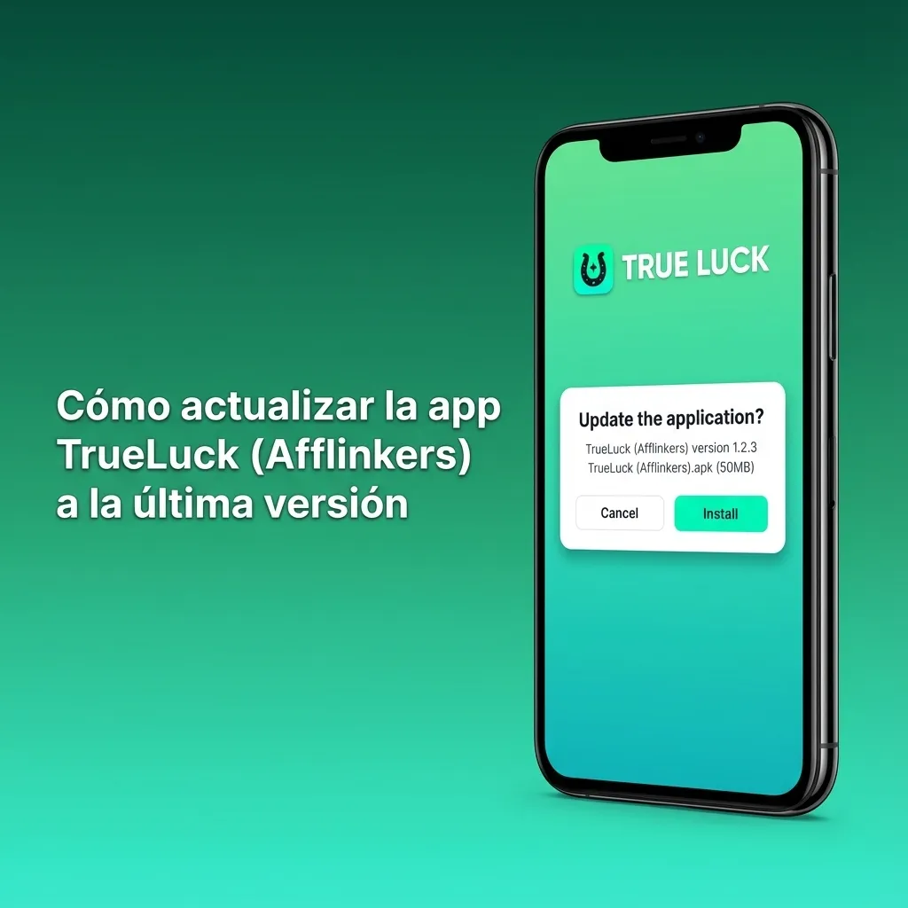 Pantalla de móvil mostrando la app TrueLuck y el proceso de actualización a la última versión en Android e iOS
