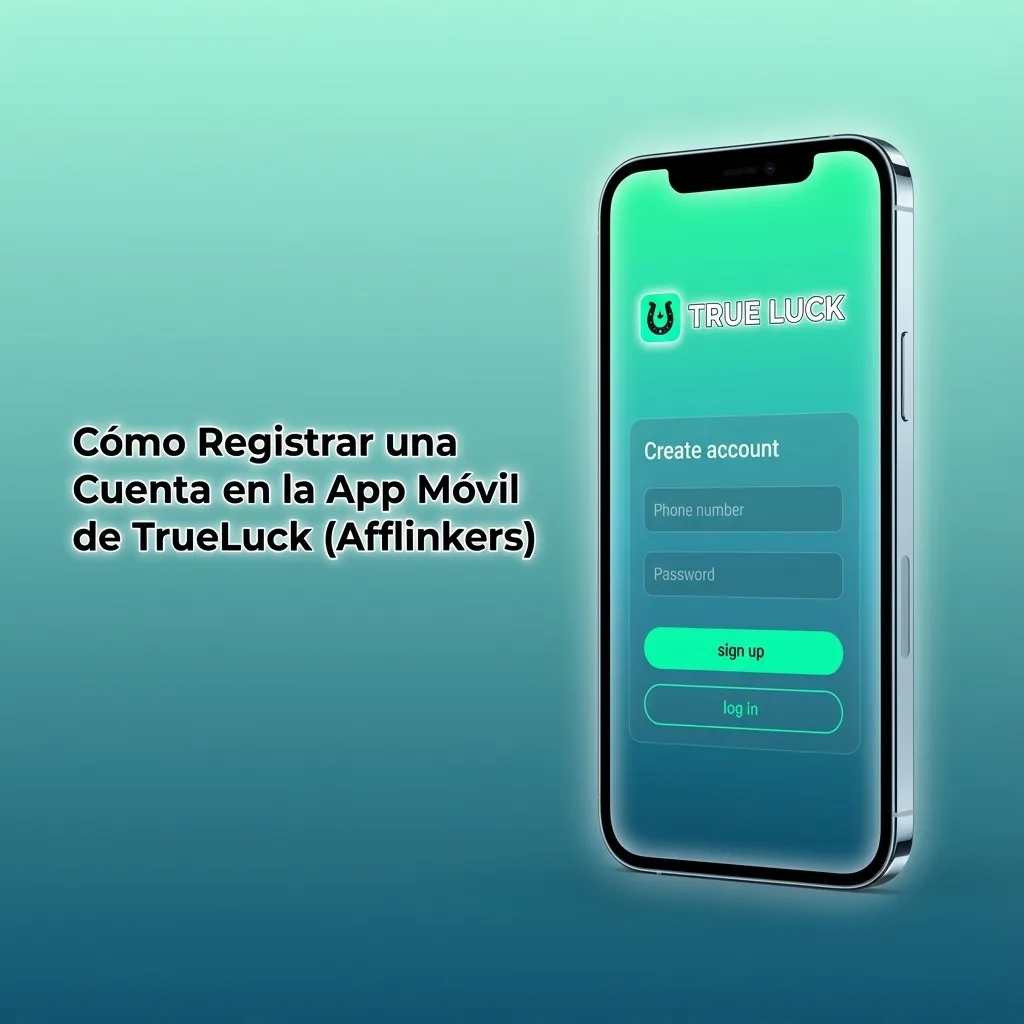 Pantalla de registro de la app móvil TrueLuck (Afflinkers) en iPhone, mostrando formulario para crear cuenta en España