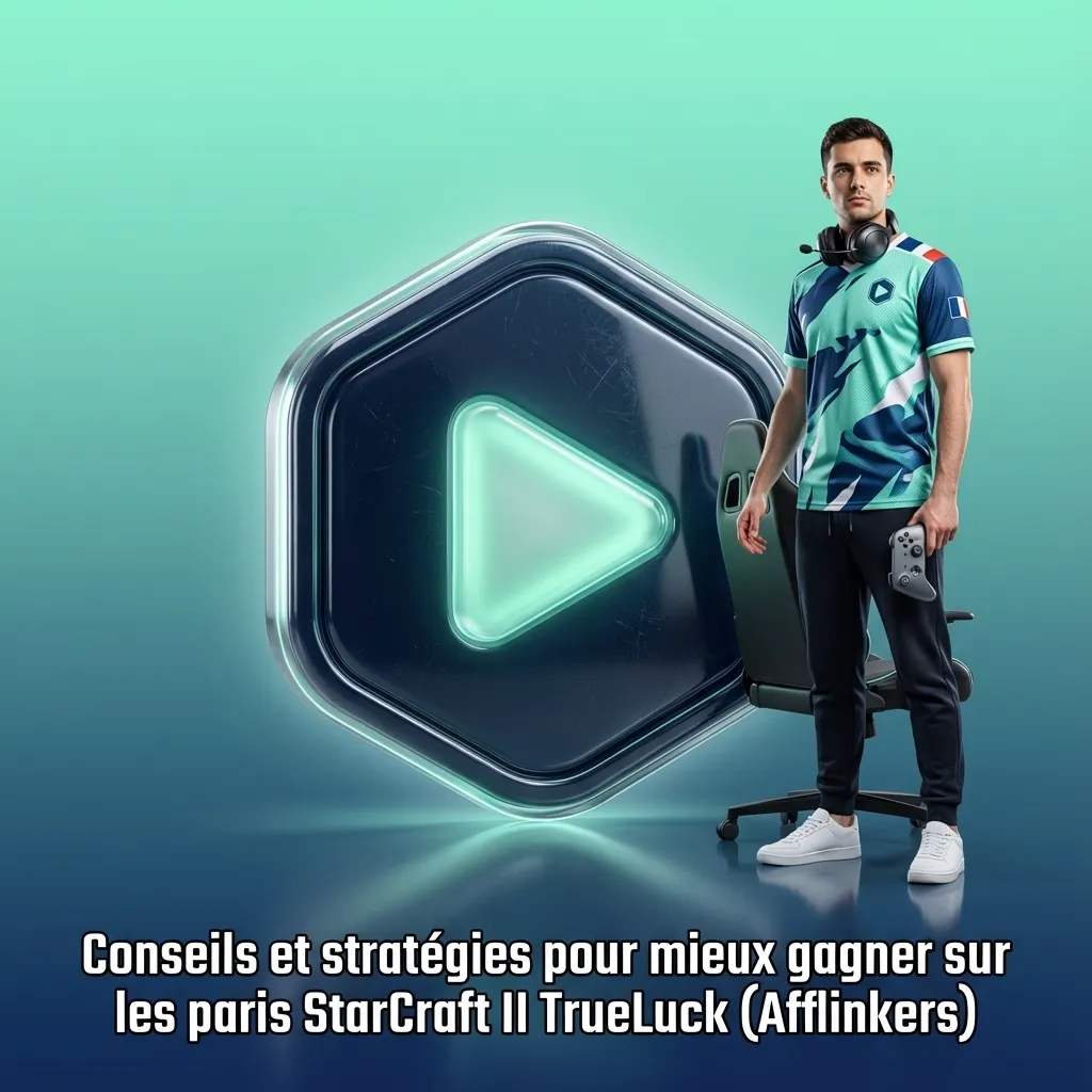 Bannière StarCraft II TrueLuck : joueur e-sport devant écran, graphiques de statistiques et texte « Conseils et stratégies de paris ».