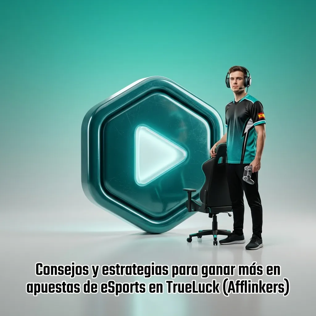 Banner de eSports betting en TrueLuck con iconos de videojuegos, gráficas de estadísticas y consejos estratégicos en español