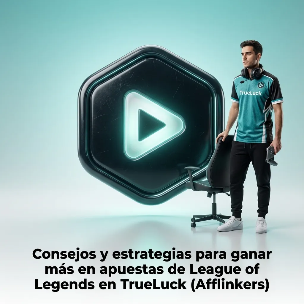 Banner de apuestas de League of Legends en TrueLuck con iconos de estrategia, estadísticas y dinero sobre un fondo gamer