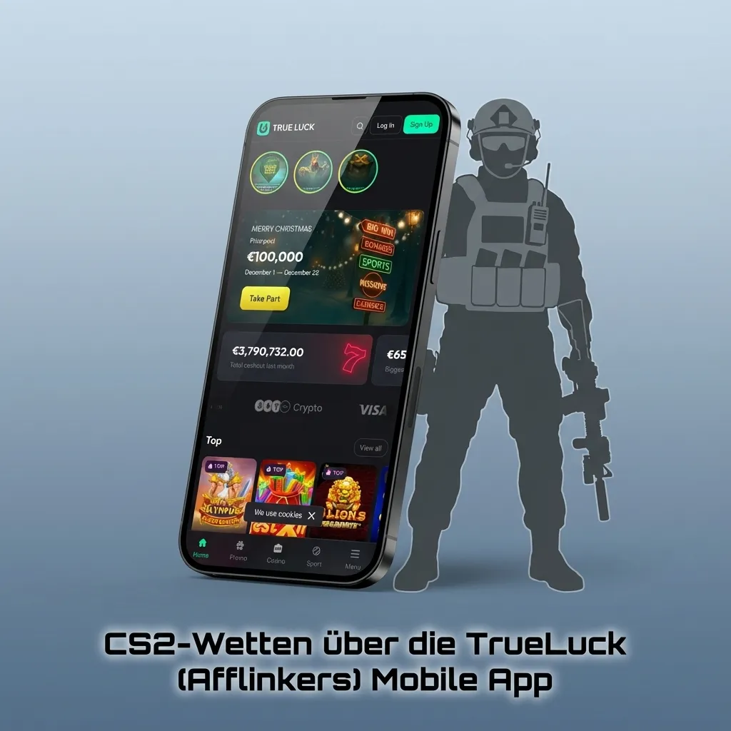 Smartphone mit geöffneter TrueLuck (Afflinkers) App, zeigt CS2-eSports-Wetten und Live-Quoten in Echtzeit