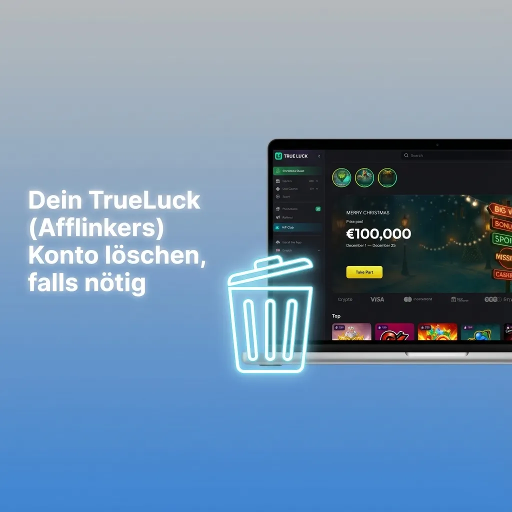 Illustration of a user deleting ihr TrueLuck-Spielerkonto mit Checkliste zu Kontostand, Kontoschließung, Bestätigung und Unterlagen