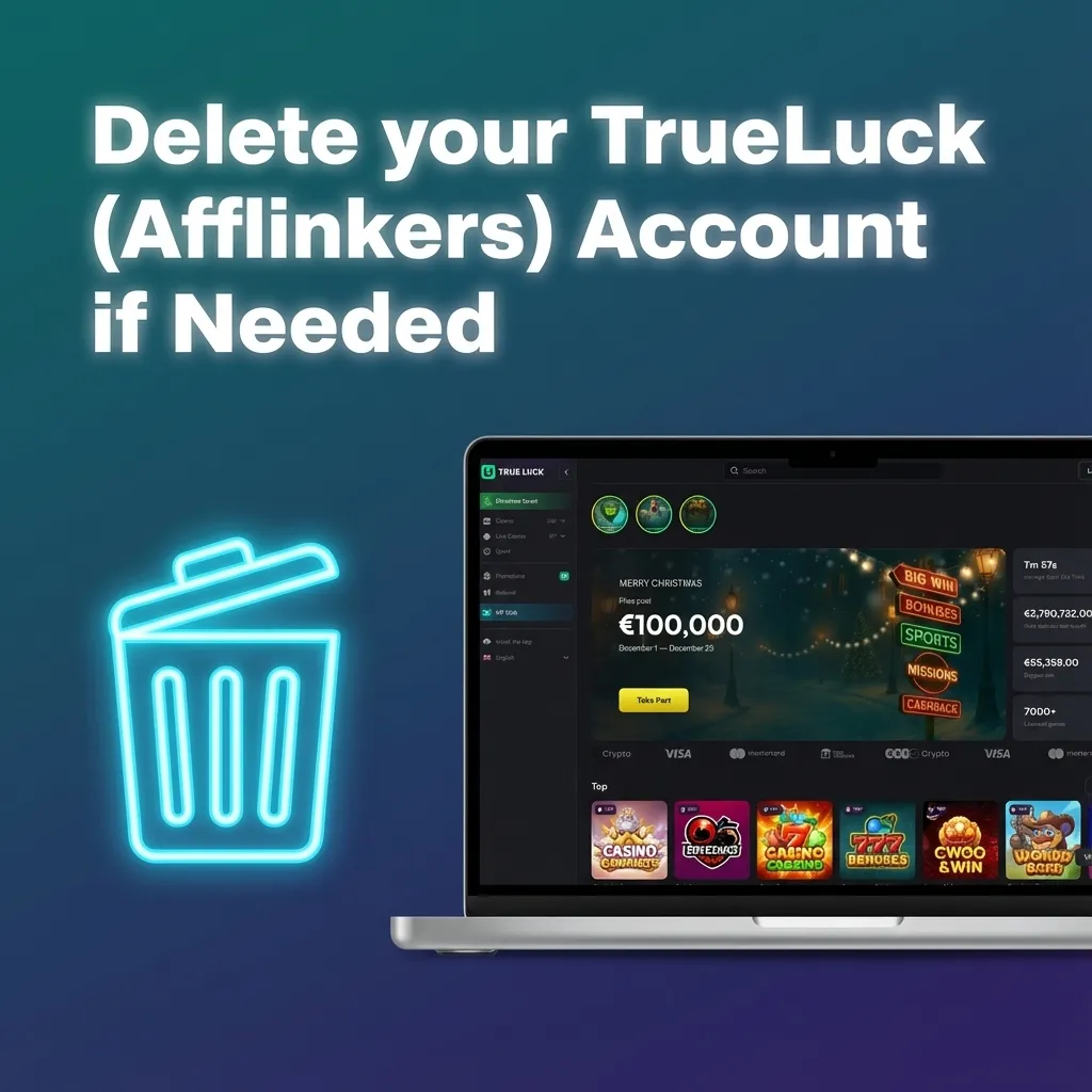 Illustrated checklist explaining how to delete or permanently close a TrueLuck (Afflinkers) gambling account