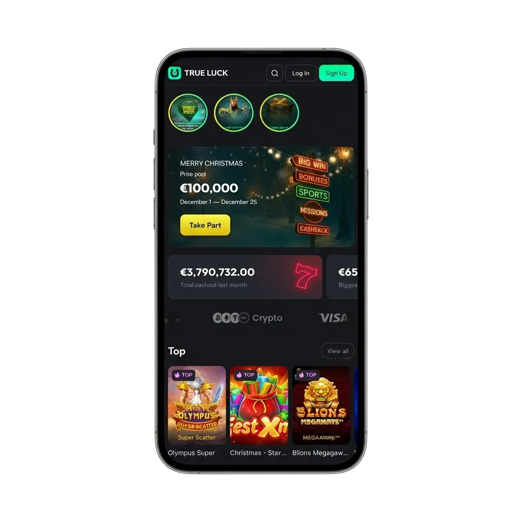 Pantalla móvil con app TrueLuck mostrando métodos de pago, apuestas deportivas y casino online, texto en español y bonos de bienvenida
