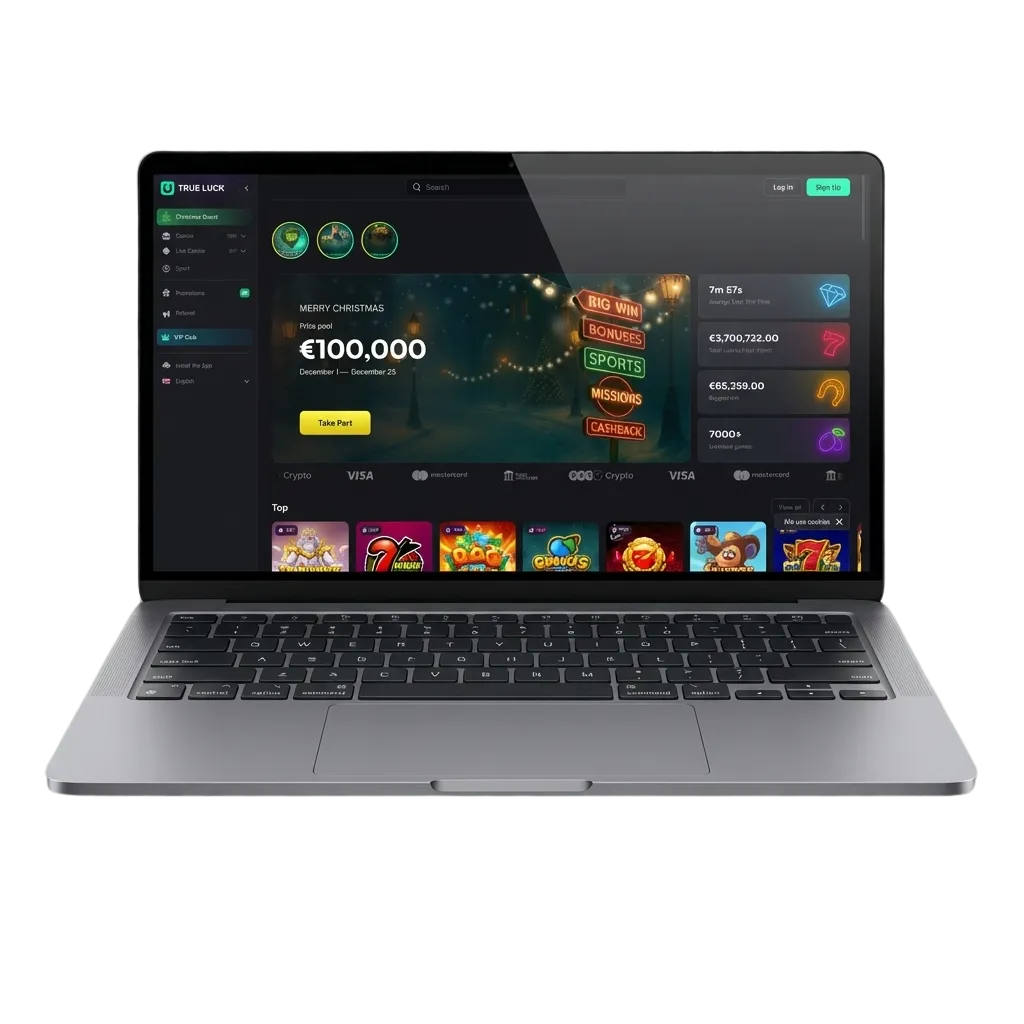 Interfaz de la app TrueLuck (Afflinkers) en PC mostrando ruleta, tragamonedas y apuestas deportivas en pantalla completa