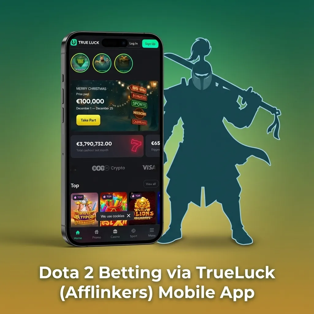 Smartphone displaying TrueLuck (Afflinkers) Dota 2 betting app with live odds and in-play markets visible on screen