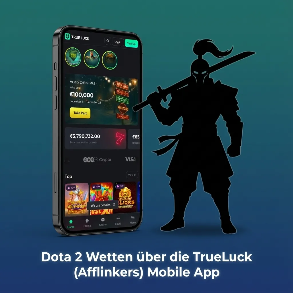 Smartphone mit geöffneter TrueLuck Dota 2 Wett-App, Live-Match-Übersicht und hervorgehobener Wettschein auf dem Screen