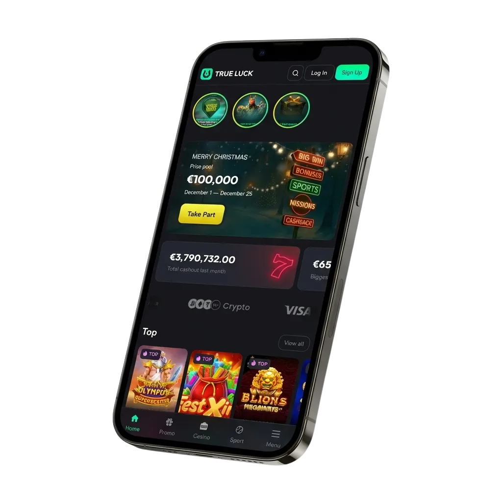 Smartphone met TrueLuck (Afflinkers) app downloadscherm, Nederlands casino- en sportweddenschappen welkomstbonus in beeld