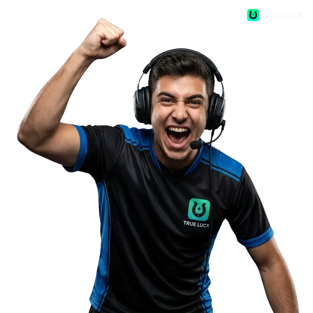 Νεαρός παίκτης με gaming headset στοιχηματίζει σε esports στο TrueLuck σε οθόνη με ζωντανά τουρνουά και αποδόσεις