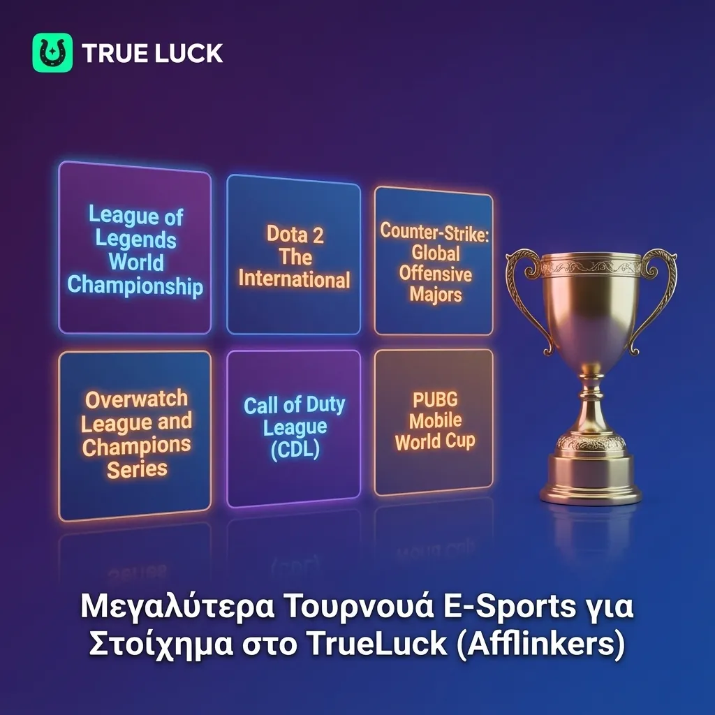 Πίνακας μεγάλων τουρνουά e-sports για στοίχημα στο TrueLuck με βασικά παιχνίδια και διοργανώσεις