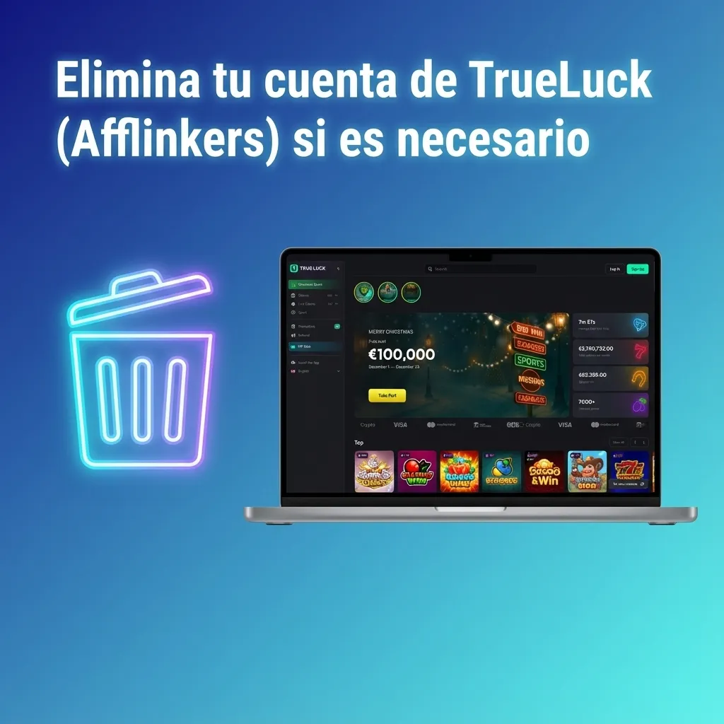 Ilustración de usuario cerrando su cuenta de juego TrueLuck en línea, con advertencia sobre saldo pendiente antes de eliminarla
