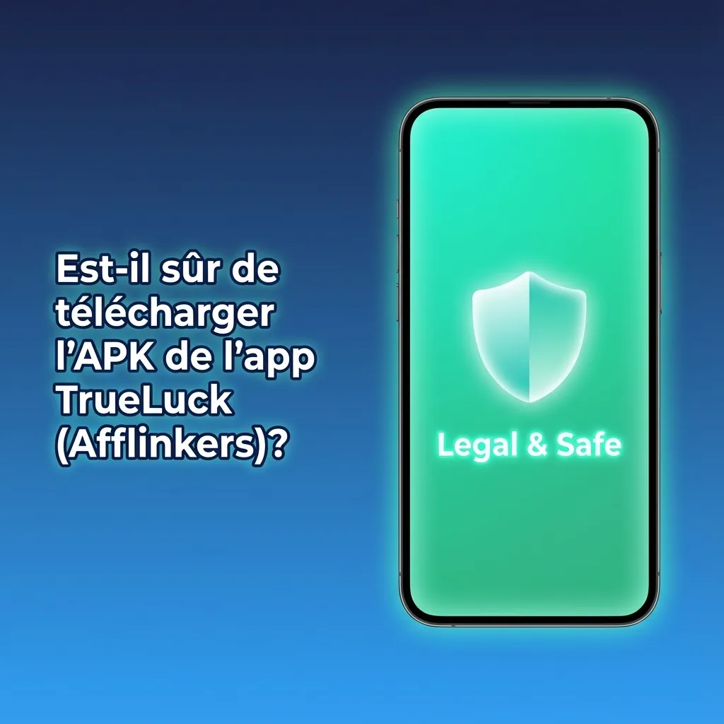 Illustration de l’app TrueLuck (Afflinkers) avec logo, cadenas SSL et mention “télécharger depuis le site officiel uniquement”