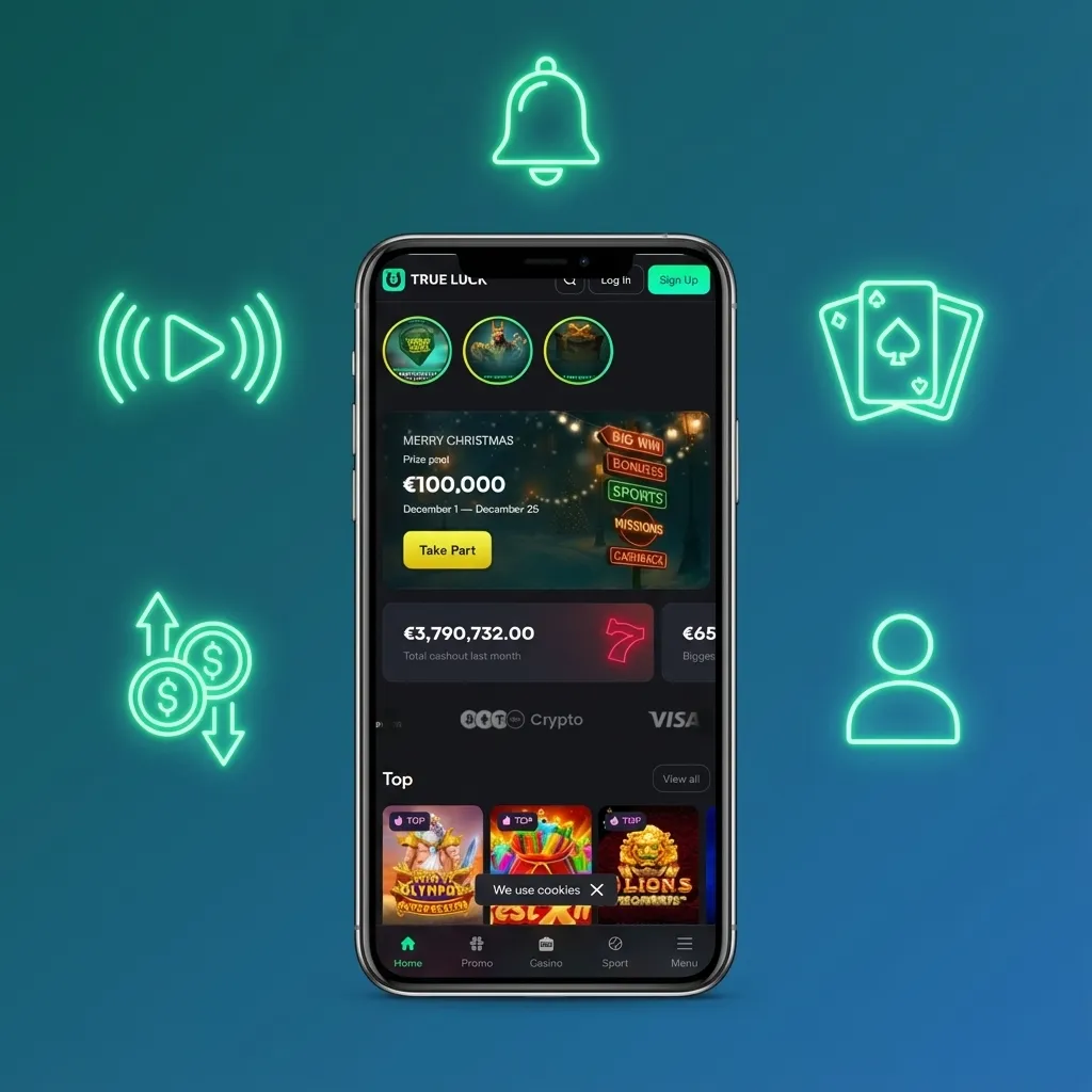 Mockup de l’app TrueLuck affichant paris sportifs en direct, jeux de casino, solde du compte et notifications sur smartphone