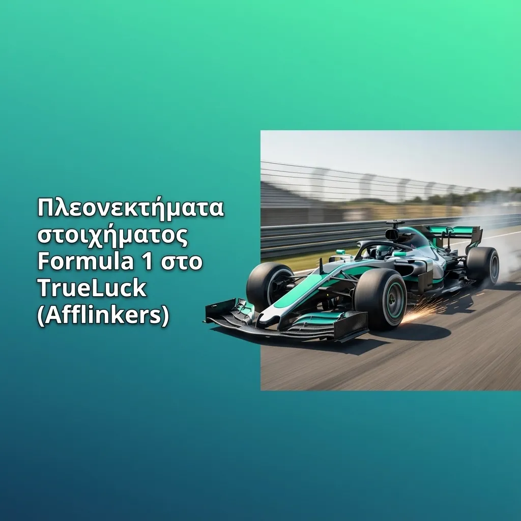 Έντονο γραφικό Formula 1 με μονοθέσιο, σημαίες και αποδόσεις TrueLuck, προβάλλοντας live και mobile στοιχήματα F1