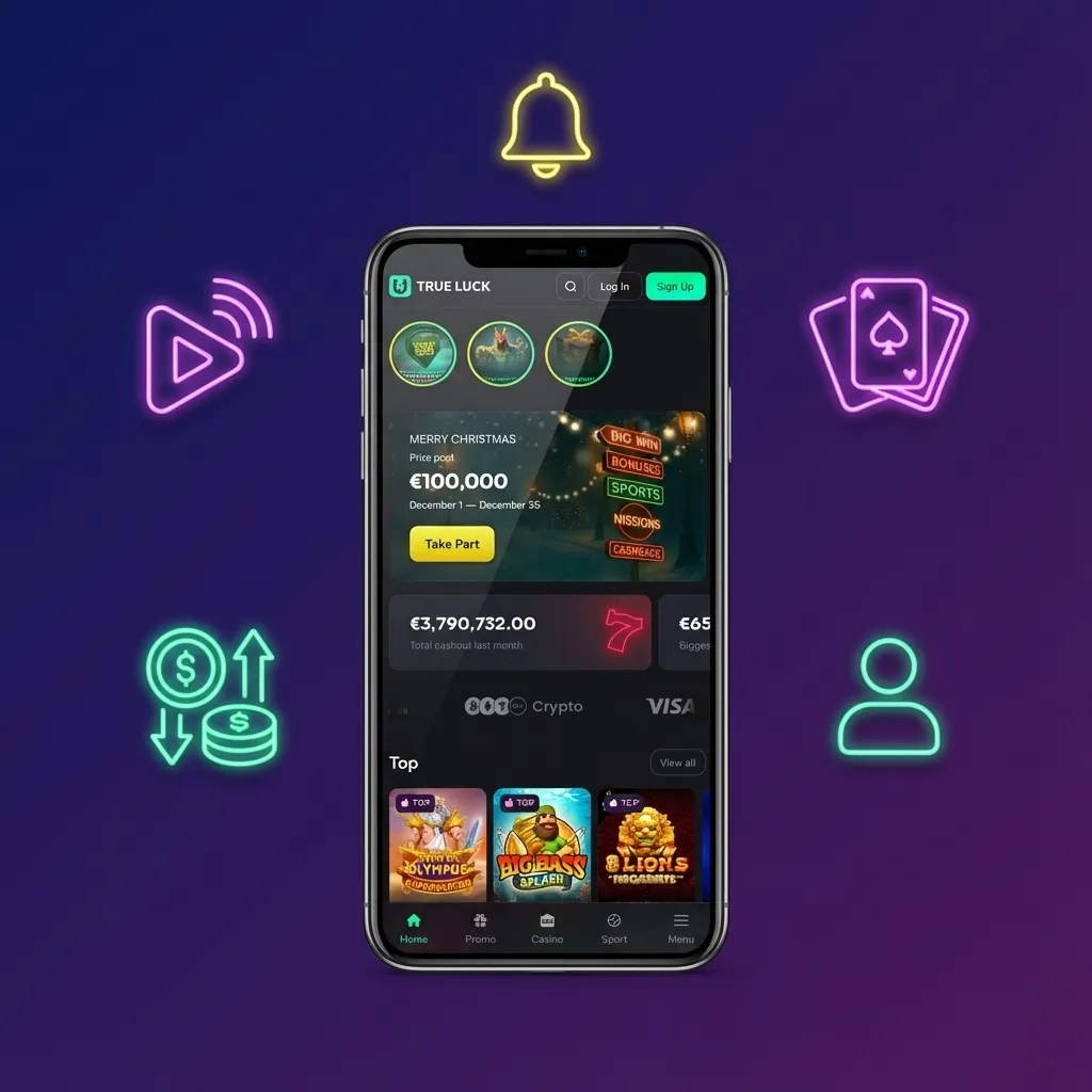 Mockup de la app TrueLuck mostrando secciones de apuestas, casino, pagos, perfil y notificaciones en pantalla móvil.