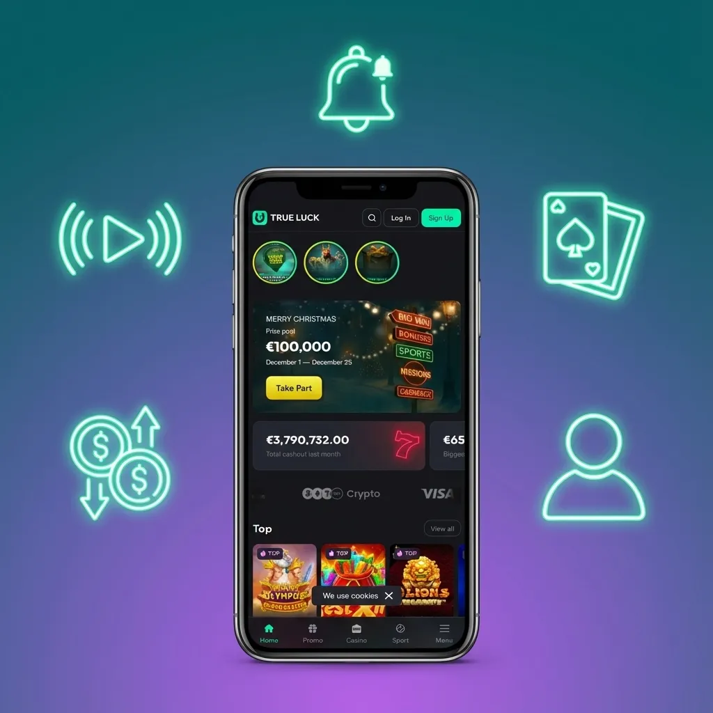 Smartphone mit geöffneter TrueLuck App zeigt Tabs für Sportwetten, Live-Casino, Slots sowie Kontostand und Zahlungsoptionen.