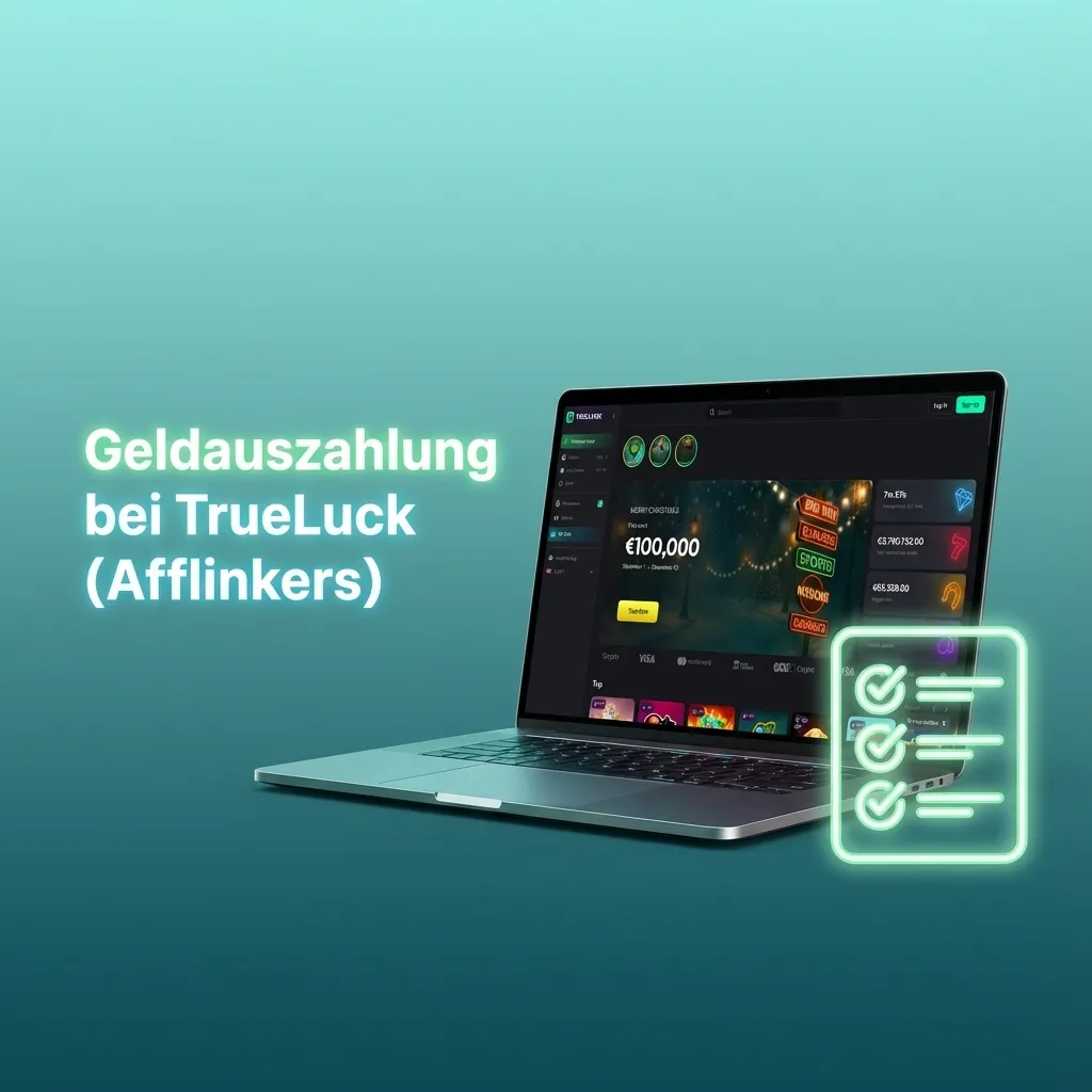 Illustration von TrueLuck-Auszahlungsprozess mit Schritte-Liste und Symbolen für Bankkonto und E-Wallet