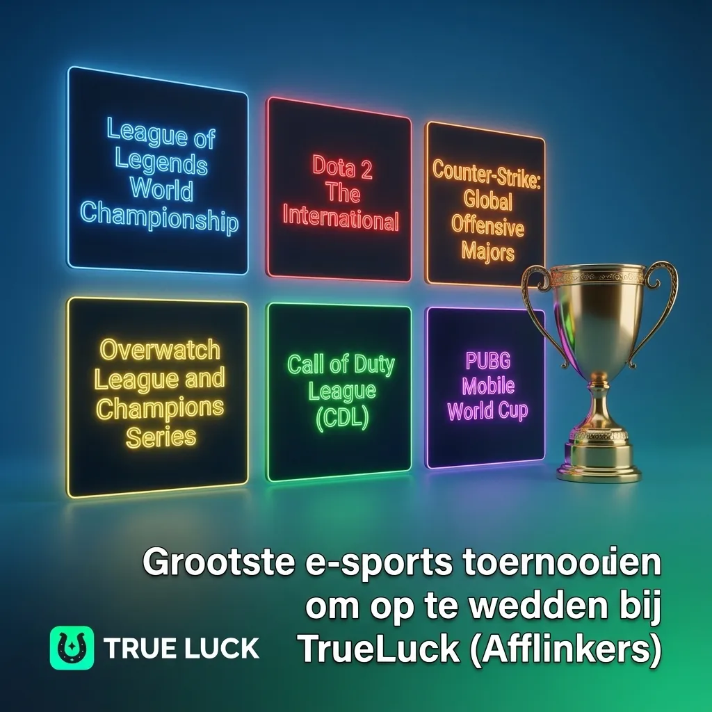 Tabel met grootste esports-toernooien voor Dota 2, CS2, LoL, Valorant, StarCraft II, R6 Siege en mobile bij TrueLuck