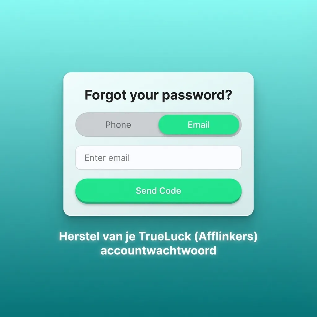 Illustratie van TrueLuck inlogscherm met optie ‘Wachtwoord vergeten’ en herstel via e‑mail of sms.