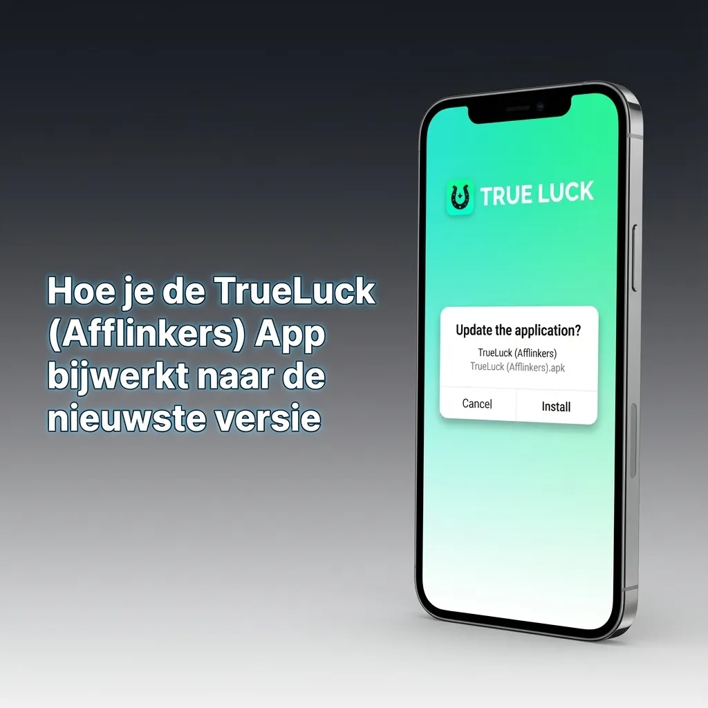 Illustratie van TrueLuck (Afflinkers) PWA app-icoon met tekst dat de iOS app altijd automatisch up-to-date blijft