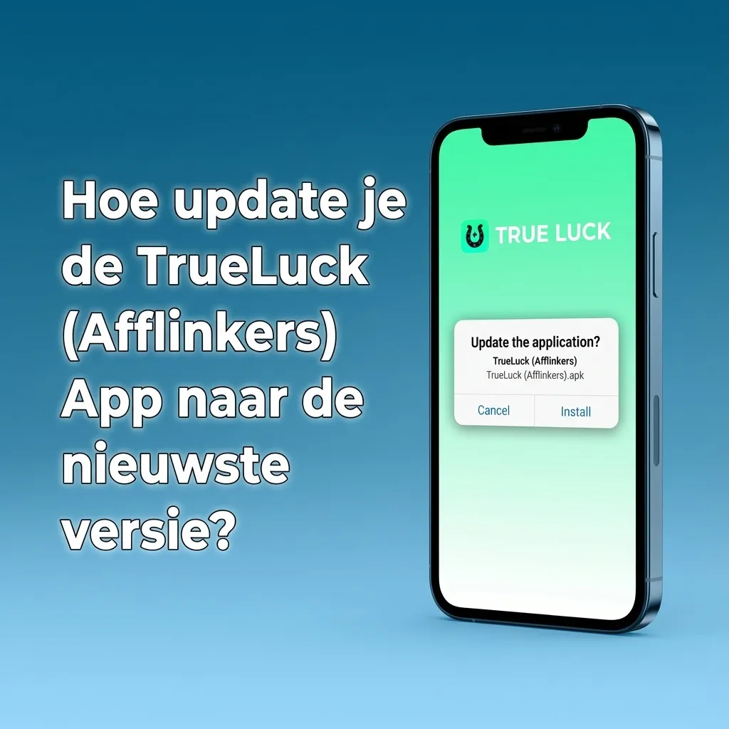 Illustratie van smartphone met TrueLuck Afflinkers app en updatepictogram, met Android APK en iOS PWA symbolen.