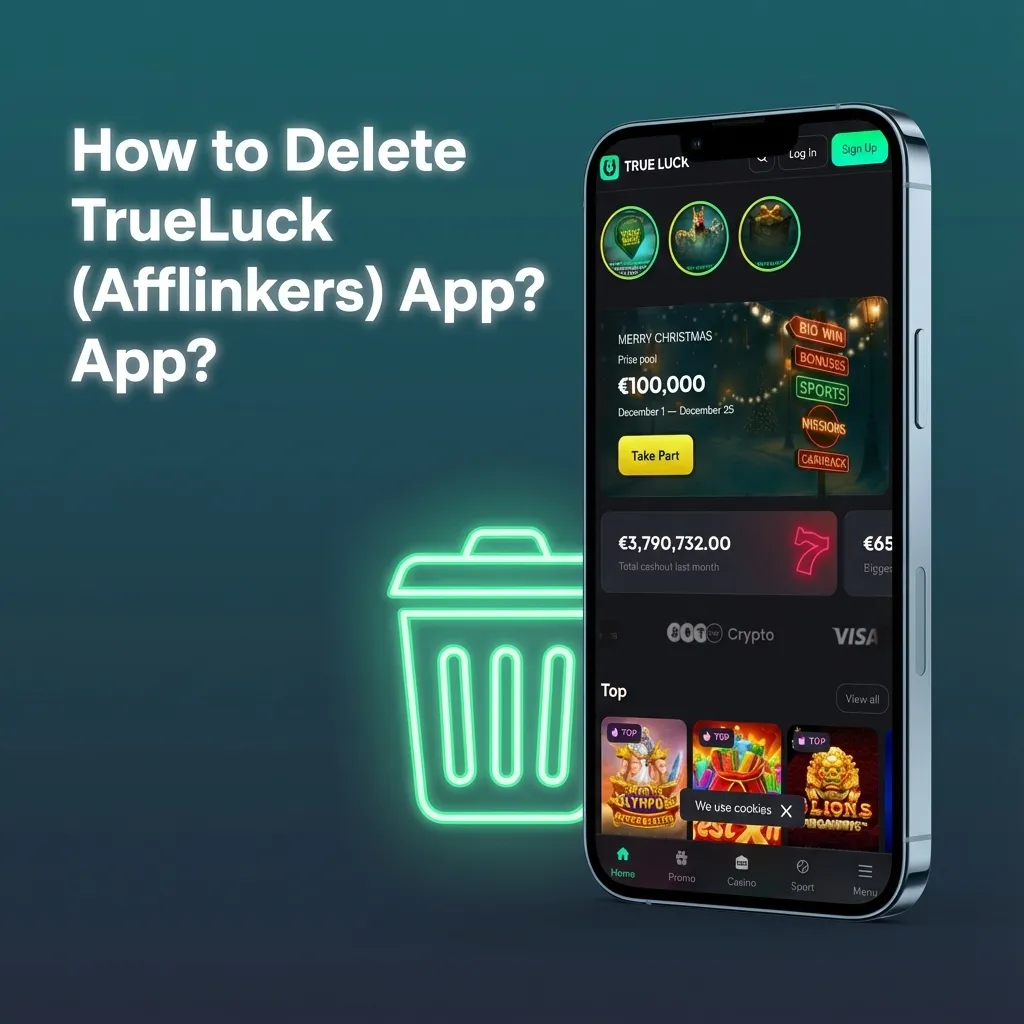 Phone screen showing user long‑pressing TrueLuck app icon to uninstall or delete shortcut while betting account stays active.