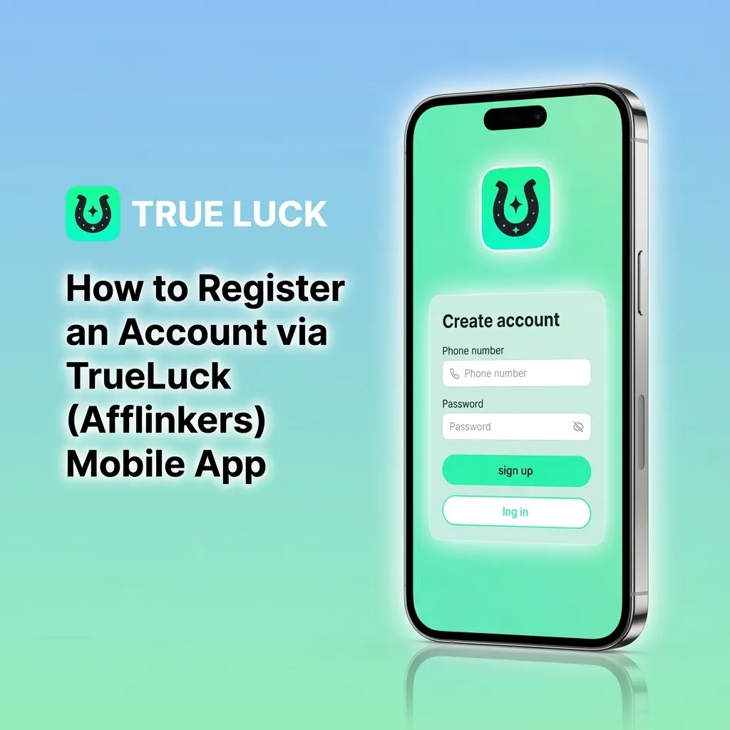 Smartphone screen showing TrueLuck (Afflinkers) iOS sign‑up steps with form fields and progress indicators