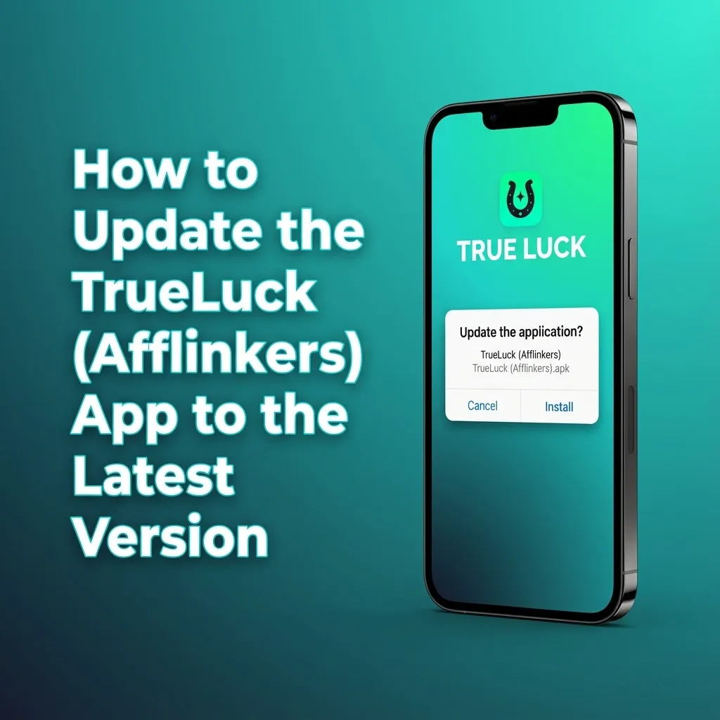 Illustration of a TrueLuck (Afflinkers) app on iPhone with auto-updating interface and refresh/login prompts