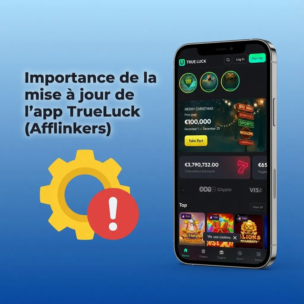 Écran de smartphone montrant l’app TrueLuck (Afflinkers) en cours de mise à jour avec une icône de téléchargement
