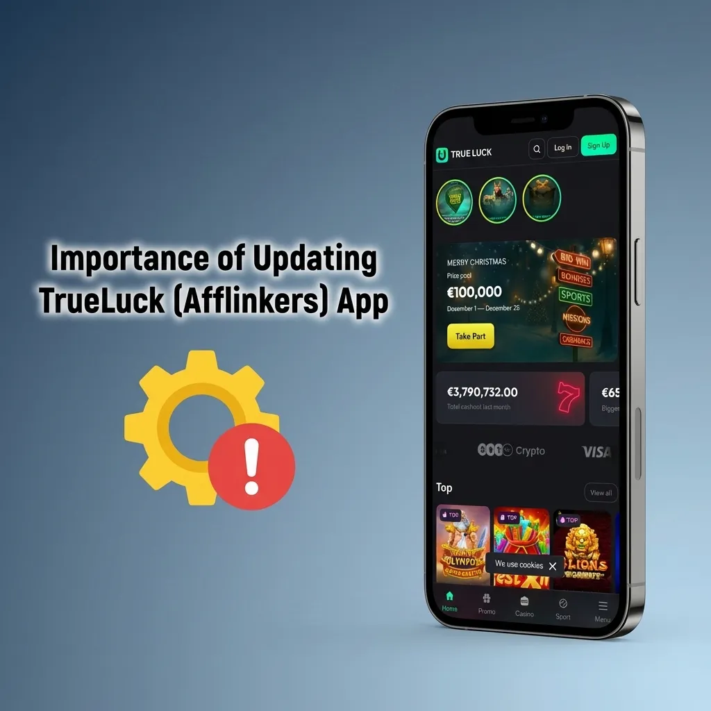 Smartphone screen showing TrueLuck app update with icons for security, new games, and improved betting features