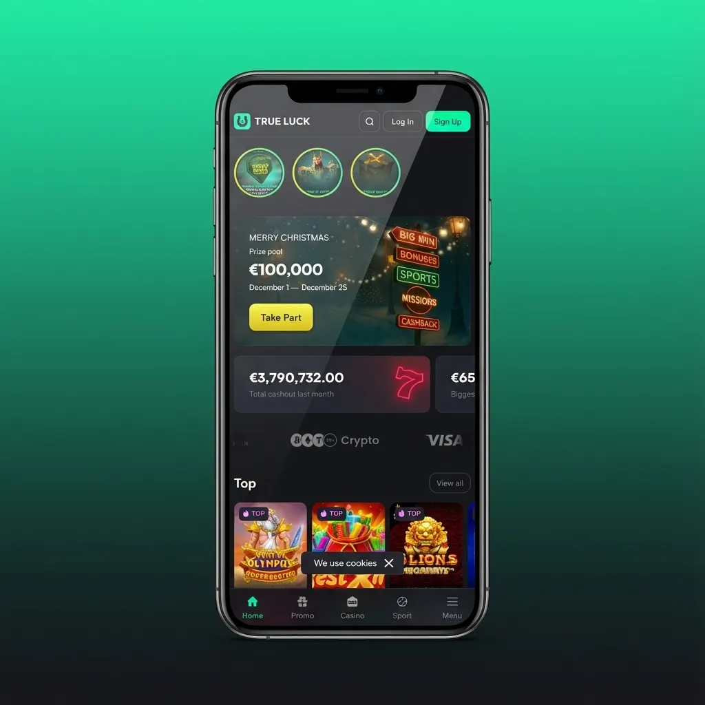 Pantalla móvil de la app TrueLuck con menú inferior, buscador visible y botones grandes para apostar en casino, vivo y deportes