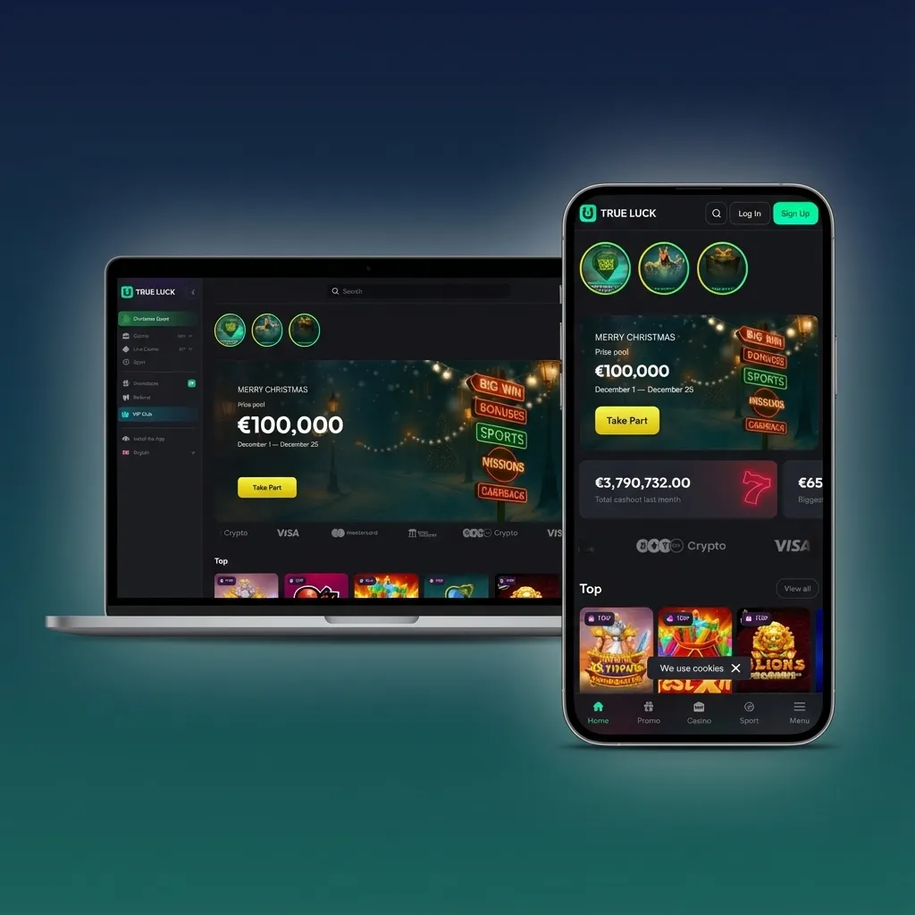 Interfaz de TrueLuck España con menú superior de deportes, casino, eSports, promos y botones de registro e inicio de sesión