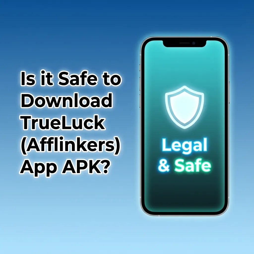 Illustration asking if the TrueLuck (Afflinkers) APK is safe, highlighting licence, SSL security, and encrypted data protection