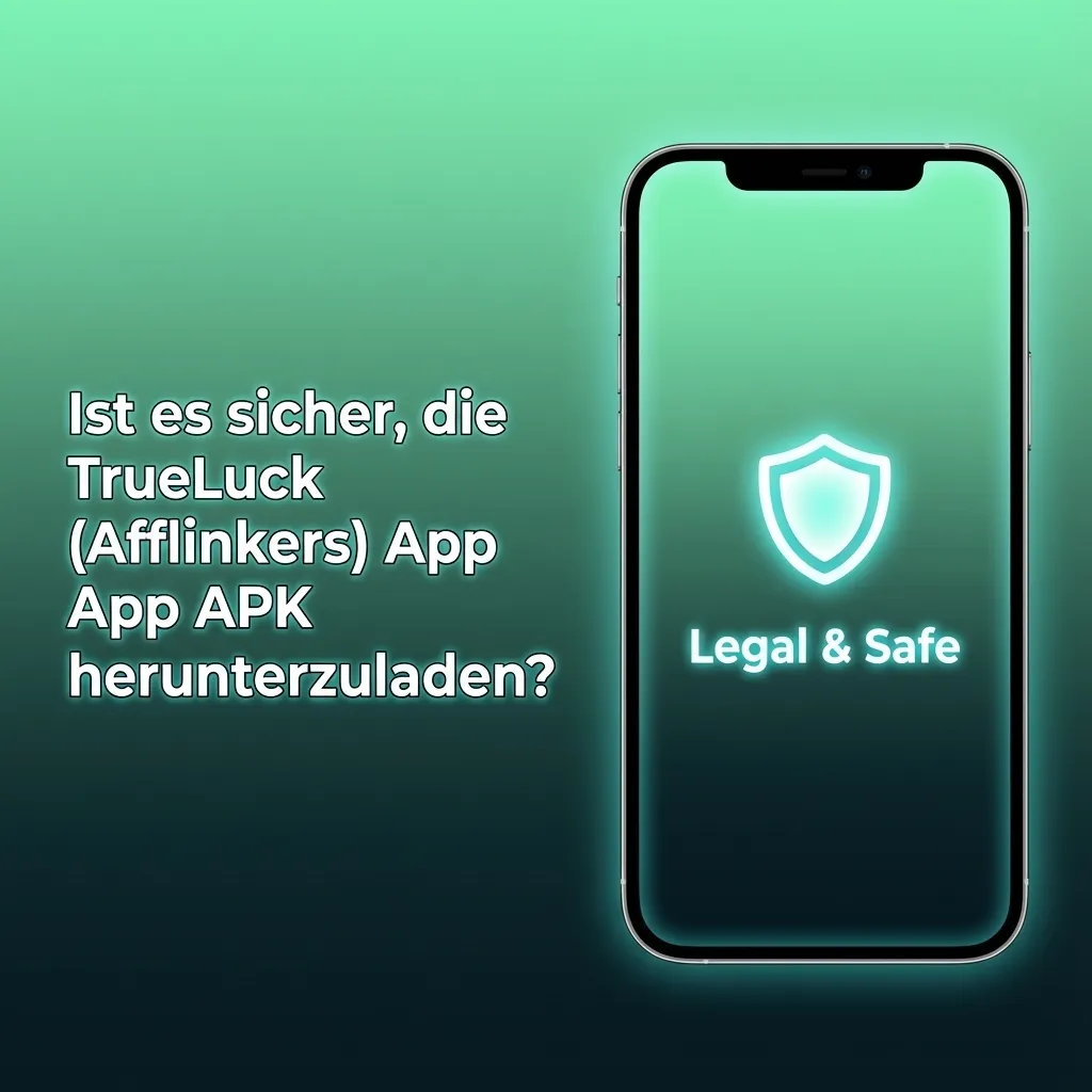 Smartphone mit geöffneter TrueLuck (Afflinkers) App, SSL-Sicherheitssymbolen und Hinweisen auf Lizenz und Verschlüsselung
